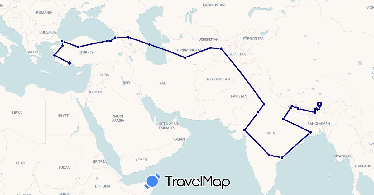 TravelMap itinerary: driving in Azerbaijan, Bhutan, Georgia, India, Nepal, Turkmenistan, Turkey, Uzbekistan (Asia)